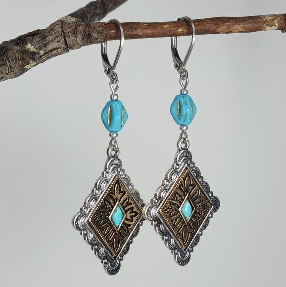HAND CRAFTED EARRINGS Silver Brass Turquoise Dangle Drop - Picture 4 of 6